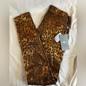 NWT 7 For All Mankind Metallic Leopard Skinny Jeans Size 24 Gold Brown